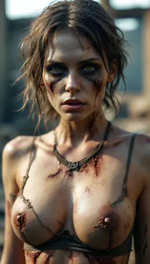 Sexy undead zombie woman, tattered clothes, post apocalyptic wasteland, large breasts, cleavage, toned body, dead eyes, <lora:MJ52:.8>