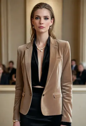 (masterpiece, best quality:1.2), 1 french 30yo woman, lawyer, (she wears a taupe colored velvet shirt, black satin blazer, long black satin skirt:1.4), accompanies a client in court, short slicked-back white blonde hair, (modern styled with jewelry, earrings, pearl bangles, pearl necklaces:1.4), bright blue eyes, photorealism, <lora:style_lora_realis:.5>, <lora:slicked-back_hair-000006:.5>