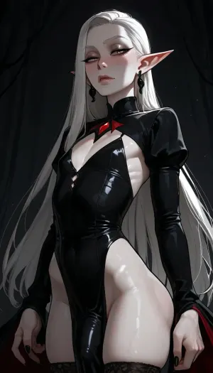androgynous, (androgynous face, masculine face, defined features), nonchalant, sexy, posing, seductive, (long face), pale eyes, black eyeliner, eyebags, defined cheekbones, long narrow nose, small mouth, narrowed eyes, white eyebrows, eyebrow slits on one eyebrow, pointed ears, (black faded eartips, black faded fingertips, black pointy fingers), gauged earlobes, (extremely long silky white hair, side part), flat chest, skinny waist, wide hips, small round ass, vampire, pale white skin, detailed blue veins, long pointed fingers, bulge, penis under clothing, incase, style, dark environment, darkness, edge lighting, gothic, <lora:Incase_Style__SDXL:1>