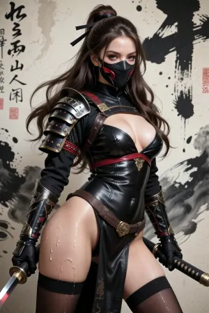 Art by Li Huayi, Sumi e painting, ((tall Sexy samurai warrior)), ((Shinoby sexy samurai ninja)), ((ninja face mask:1.3)), katana, sfw, tall, brown long wavy hair, cute face, 20 years old, slim body boosty, masterpiece, geisha hairstyle, wet huge red lips, long eyelashes, sexy perfect figure, perfect composition, ((dressed leather sexy samurai armor)), ((tight leather bra, stockings)), deep decolte, naughty pose, dynamic pose, ((sumi-e painting art wall on background:1.1)), (sumi-yo black white ink painting, sumi-e art on wall on background:1.2), sumi e art on wall work of Sesshu, by Sesshu art, by Li Huayi art, by Liu Dan art, by Li Xubai art, Studio Lighting, professional photo, bichu, oil, Impressionism, sumie, ink, painting