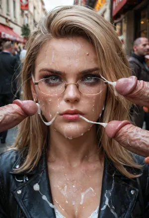 Ultra realistic, 4K, real, (only one girl), Beautiful 20y.o. fully clothed blonde Italian student sitting in the street restaurant of the small Italian city, she wears black squared study glasses, she has perfect smooth face, beautiful dark makeup, ideal supermodel face and skin. She has stern irritation by unexpected cumshot cum stream in the face., (((She recoiled sharply from the cumshot with her face showing absolute surprise))), ., (Very stern frown but surpasses face with almost crying watery eyes:1.3), (Twelve world's tiniest shortest smallest dicks pointed at her face:1.3), extremley small little cocks are cumming on her, huge public_bukkake, huge and thick cum drops leaking down her perfect face, bukkake, cum, supermodel, face, big, lips, <lora:MS_Real_XL_Bukkake:.8>, <lora:Beautify-Supermodel-SDXL:1.2>