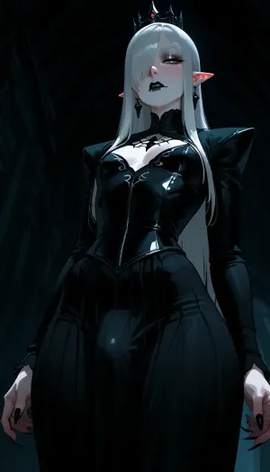 viewed from a low angle, dynamic pose, androgynous, tall, slender, (androgynous face, slender masculine face, defined features, slender male face), nonchalant, inviting, sexy, posing, perfect hands, long fingers, dark intricate rings, dark crown, seductive, (long face), pale eyes, black eyeliner, eyebags, defined cheekbones, long narrow nose, small mouth, fangs, (black lipstick on upper lip, skin tone on lower lip), narrowed eyes, (white eyebrows), pointed ears, (black faded eartips, black faded fingertips, black pointy fingers), tunnel earrings, (extremely long silky white hair, straight hair, side part, hair over one eye), flat chest, skinny waist, wide hips, (small round ass), modern vampire, pale white skin, detailed blue veins, long pointed fingers, large bulge visible under clothing, intricate medieval armor, incase, style, dark environment, darkness, edge lighting, gothic, blood magic, powerful sorcerer, <lora:Incase_Style__SDXL:1>, bloodyface, blood, <lora:lora-bloodyface-lite:.8>