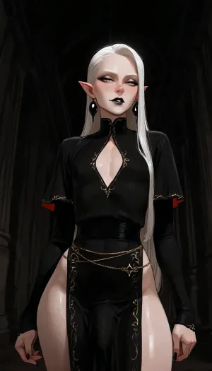 androgynous, tall, slender, (androgynous face, slender masculine face, defined features, slender male face), nonchalant, sexy, posing, perfect hands, seductive, (long face), pale eyes, black eyeliner, eyebags, defined cheekbones, long narrow nose, small mouth, (black lipstick on upper lip, skin tone on lower lip), narrowed eyes, (white eyebrows), pointed ears, (black faded eartips, black faded fingertips, black pointy fingers), tunnel earrings, (extremely long silky white hair, straight hair, side part), flat chest, skinny waist, wide hips, (small round ass), modern vampire, pale white skin, detailed blue veins, long pointed fingers, bulge, medium penis under clothing, skimpy silky flowing tunic, red and black clothing, incase, style, dark environment, darkness, edge lighting, gothic, <lora:Incase_Style__SDXL:1>