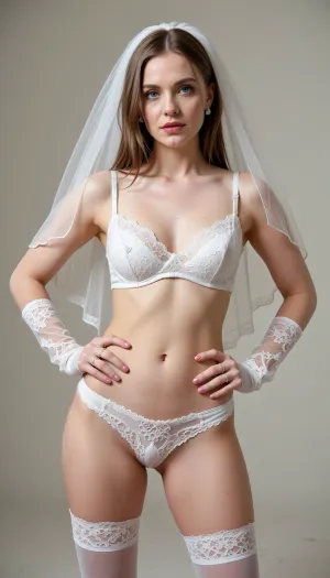 A photorealistic studio bridal boudoir portrait of an adult woman standing against a clean neutral background. She is wearing white lace lingerie, sheer bridal gloves, thigh-high stockings, and a soft white wedding veil flowing over her hair. Confident pose with hands on hips, direct eye contact with the camera, elegant and sensual expression. gorgeus 32 years old woman.She has very white and pale skin, porseline skin texture, fit body, big blue eyes, medium lenght straight very light brown hair, slender and thin facial texture, pink lips, very realistic, soft femminen lines, shiny pink nails, small luxury earrings, wedding rings on her finger. Soft studio lighting, balanced highlights and shadows, fashion editorial style, high detail, sharp focus, professional photography, 50mm lens look.