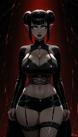 Naked gothic woman with cool porcelain-gray skin, curvy physique, narrow defined waist, broad rounded hips, thick thighs, long shapely legs, full bust, delicate, symmetrical, slightly angular face, high cheekbones, small refined nose, softly pointed chin, pale gray eyes with a subtle reddish glow around the irises, heavy smoky black and gray eye makeup, dark lashes, thin sharply shaped eyebrows, matte black lipstick, (nose bridge piercing, dimple piercings), elongated pointed ears, several subtle silver piercings, jet-black hair, short sleek bob with two messy buns, blunt bangs across the forehead, longer messy strands and spiky side sections flaring outward around her ears, (deep charcoal-black skin gradient, fading gradually into the lighter gray skin of her chest and torso), hands and forearms are similarly darkened, creating an almost supernatural shadow-dipped appearance, small jeweled navel piercing with a dark red gemstone, extremely long fingers, sharply pointed black pointy nails, wearing several thin silver rings, modern streetwear clothing, fishnet leggings, short spiderweb pattern sheer top with long sleeves, bands with spikes around thighs, low-waist dark shorts, incase, style, dark environment, darkness, edge lighting, gothic, <lora:Incase_Style__SDXL:1>