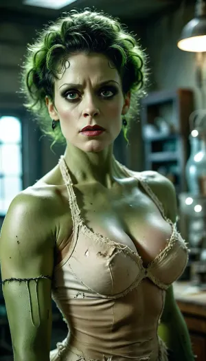 Sexy bride of Frankenstein, tattered clothes, stitched together, green skin, in Frankenstein's laboratory, large breasts, cleavage, toned body, uberfit, muscular, athletic, <lora:MJ52:1.3>, <lora:uberfit_lora_sdxl:.2>