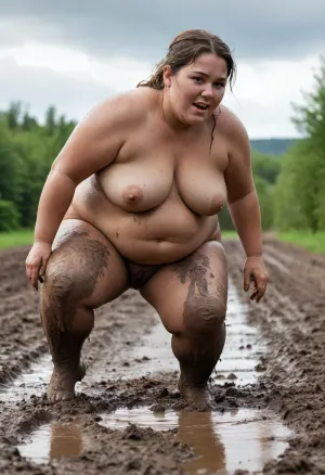 chubby woman falls on their bum in deep mud, mud splashes up