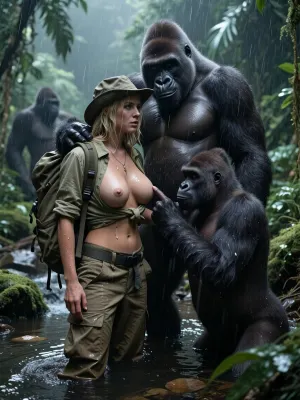 Photorealistic cinematic jungle encounter, adult blonde woman, 28 years old, slender athletic explorer, huge firm tits, standing knee deep in a dark tropical jungle stream during extremely heavy monsoon rain, her soaked khaki trekking shirt hangs open at the upper chest but securely covers her breasts, wet cargo pants, weathered jungle hat, large trekking backpack, naturally wet blonde hair framing her face, realistic skin texture and rain droplets, one enormous silverback gorilla stands directly behind her, towering over her while gently steadying her with one massive arm around her upper shoulders, his other broad hand resting extremely softly on top of her hat and head, protective controlled posture rather than aggression, a second huge gorilla stands directly in front of her at close distance, intensely curious and completely calm, carefully extending a single index finger toward the center of her upper chest and lightly touching the wet fabric near her sternum as if investigating an unfamiliar texture, the gorilla tilts its head with visible curiosity and concentration, studying her clothing and body shape like an intelligent animal encountering something unknown, the woman remains still and slightly tense but calm, no seductive posing, no fear exaggeration, no aggression, the interaction feels cautious intelligent and observational, several additional gorillas barely visible as large silhouettes in the misty blurred background, dense highly detailed rainforest vegetation, wet leaves, moss, vines, stream rocks and flowing water, extremely heavy rain streaks throughout the frame, deep humid mist, dark jungle by night, dramatic low key naturalistic lighting, deep blacks, subtle cool highlights on wet fur and skin, strong depth separation, 35 mm full frame realism, shallow atmospheric depth of field, extremely detailed gorilla fur hands faces and expressive eyes, documentary wildlife realism, physically believable anatomy, quiet tension, curiosity and mutual observation, no sexual behavior, no violence, no attack, no exaggerated expressions