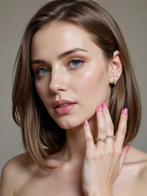 (masterpiece, best quality, photorealistic, ultra-detailed, highres, soft lighting), 1girl, gorgeus 32 years old woman.She has very white and pale skin, porseline skin texture, fit body, big blue eyes, medium lenght straight very light brown hair, slender and thin facial texture, pink lips, very realistic, soft femminen lines, shiny pink nails, small luxury earrings, wedding rings on her finger, soft backlight, close up on face