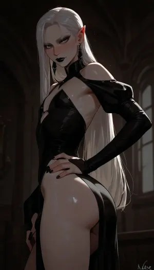 androgynous, tall, slender, (androgynous face, masculine face, defined features, slender male face), nonchalant, sexy, posing, seductive, (long face), pale eyes, black eyeliner, eyebags, defined cheekbones, long narrow nose, small mouth, (black lipstick on upper lip, skin tone on lower lip), narrowed eyes, (white eyebrows), pointed ears, (black faded eartips, black faded fingertips, black pointy fingers), tunnel earrings, (extremely long silky white hair, straight hair, side part), flat chest, skinny waist, wide hips, (small round ass), modern vampire, pale white skin, detailed blue veins, long pointed fingers, bulge, medium penis under clothing, skimpy silky flowing tunic, red and black clothing, incase, style, dark environment, darkness, edge lighting, gothic, <lora:Incase_Style__SDXL:1>
