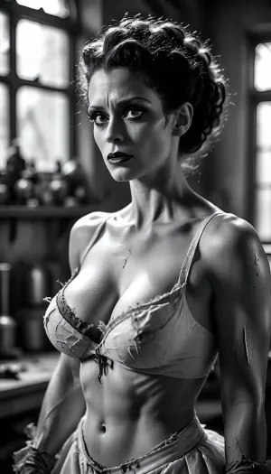 Black and white image, Sexy bride of Frankenstein, tattered clothes, in Frankenstein's laboratory, large breasts, cleavage, toned body, uberfit, muscular, athletic, <lora:MJ52:1.3>, <lora:uberfit_lora_sdxl:.2>