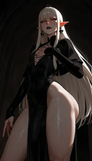 viewed from a low angle, dynamic pose, androgynous, tall, slender, (androgynous face, slender masculine face, defined features, slender male face), nonchalant, sexy, posing, perfect hands, long fingers, seductive, (long face), pale eyes, black eyeliner, eyebags, defined cheekbones, long narrow nose, small mouth, fangs, (black lipstick on upper lip, skin tone on lower lip), narrowed eyes, (white eyebrows), pointed ears, (black faded eartips, black faded fingertips, black pointy fingers), tunnel earrings, (extremely long silky white hair, straight hair, side part), flat chest, skinny waist, wide hips, (small round ass), modern vampire, pale white skin, detailed blue veins, long pointed fingers, bulge, medium sized hanging penis under clothing, skimpy silky flowing tunic, red and black clothing, incase, style, dark environment, darkness, edge lighting, gothic, <lora:Incase_Style__SDXL:1>