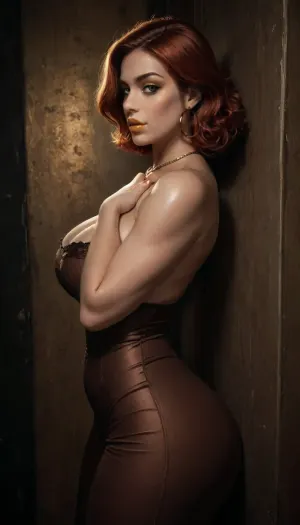 ((reiq style)), score_9, score_8_up, score_7_up, African, bbw milf, thick thighs. Straight redhead hair. diva makeup, yellow lipstick, yellow eyeshadow, long eyelashes. big earrings, necklace. wide decollete. fully clothed. Yellow background. View from side., <lora:dark:.6>, <lora:sdxl_darkflash_v6-000060:1>, <lora:Rawfully Stylish v0.2_epoch_20:.8>