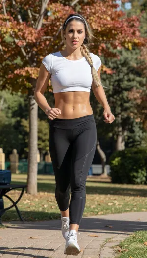 On a sunny early fall day a woman runs in the park. She is a 32 year old Egyptian with dyed long blond hair in a single braid, wearing a head band, a tight white short sleeve sports top and low waisted tight black plain leggings with a shiny sheen and white high performance running shoes. She has a toned and athletic body with medium natural breasts and a small tight rounded muscular ass. She has an intense look and is glistening with sweat. Front view.