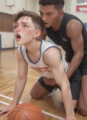 ((anime style)), (Thick outline:1.4), ((Cartoon Style:1)), ((Hentai)), (seen from the side), gay, interracial, indoor basketball court, slim twink in working clothes, slender, petite, shaved pixie cut, freckles, twink slut getting fucked by a massive black man. Anal sex, getting fucked from behind, doggystyle, a big black man, large penis, (body shaking orgasm, screaming orgasm), score_9, score_8_up, score_7_up, score_6_up, style anime, inspired illustration, oda, non, front view, <lora:outline_xl_kohaku_delta_spv5x:1.9>, <lora:cartoon_stickers_xl_v1:.5>, <lora:AshMilkshake_Illustrious_v1:1.1>, <lora:NEOTOKIOXL_0.2_RC:.5>, <lora:Ppolar-P3v1-NbVp10:.8>