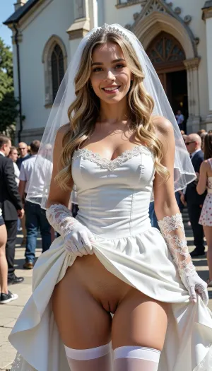 high resolution, high quality, young beautiful woman, (slender), (wedding dress:1.2), (white corset:1.2), (wedding veil:1.3), (white lace gloves), (woman shows her pussy by lifting up her skirt:1.4), (lifted skirt:1.2), (no panties:1.4), (pussy, smooth pussy:1.2), (white stockings:1.2), very cute smile, long wavy blonde hair, church building in the background, many people in the background, sunlight