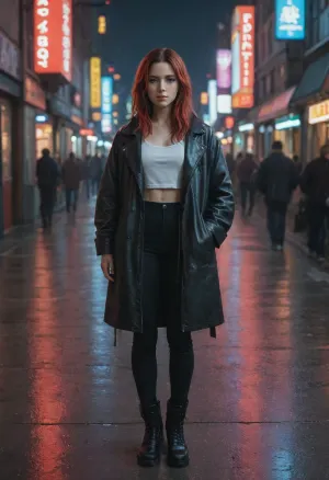 ""A red-haired girl in a leather coat walks through neon-lit Tokyo in the rain, cyberpunk style, cinematic lighting, third-person view, 8k, hyperdetailed --ar 16, 9", full body