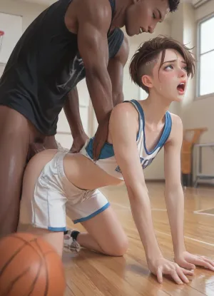 ((anime style)), (Thick outline:1.4), ((Cartoon Style:1)), ((Hentai)), (seen from the side), gay, interracial, indoor basketball court, slim twink in working clothes, slender, petite, shaved pixie cut, freckles, twink slut getting fucked by a massive black man. Anal sex, getting fucked from behind, doggystyle, a big black man, large penis, (body shaking orgasm, screaming orgasm), score_9, score_8_up, score_7_up, score_6_up, style anime, inspired illustration, oda, non, front view, <lora:outline_xl_kohaku_delta_spv5x:1.9>, <lora:cartoon_stickers_xl_v1:.5>, <lora:AshMilkshake_Illustrious_v1:1.1>, <lora:NEOTOKIOXL_0.2_RC:.5>, <lora:Ppolar-P3v1-NbVp10:.8>