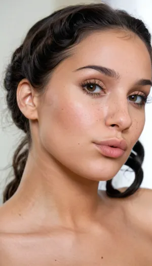 Photorealistic portrait of the exact same young woman, soft oval face, light olive skin with natural texture and faint freckles on nose and cheeks, dark thick arched eyebrows, large dark brown almond-shaped eyes with long lashes, straight nose with rounded tip, full soft lips, rounded chin and soft jawline. Dark black curly voluminous hair, (loose or in a low bun), . Identical facial proportions, eye spacing, nose width, lip shape and overall bone structure. Ultra-detailed, natural skin imperfections, realistic pores, sharp focus, soft natural light.