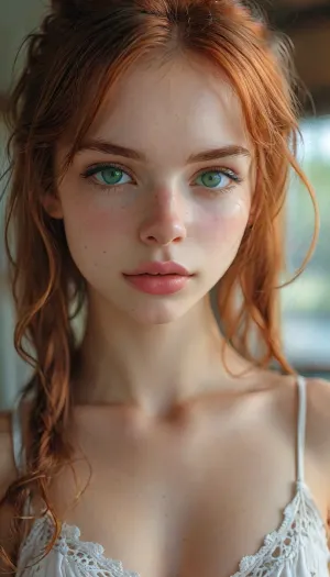 Beautiful anime girl, girl portrait, (((Charming eyes, light gree pupils:1.7))), (((very petite girl))), ((light green eyes)), (((skinny))), (very pretty girl:1), (makeup:1.3), ((semen on face:1.6)), tan lines, tan, huge breasts, beautiful breasts very visible, ((red hair)), in a ponytail, <lora:MJ52:1>, <lora:Midjourney Image Enhancer XL v1:.8>, 4ng3l, face, <lora:SDXL_BetterFaces-LoRA_v1:.8>, bikini, underwear, Lace, <lora:Bikini_02_lora:.8>