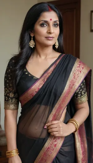 50 year-old Indian gilf, voluptuous-curvy sexy body, long straight hair style, black hair, sexy big saggy boobs, sexy body, milf face, gilf woman body, Indian dress and saree, Indian headscarf