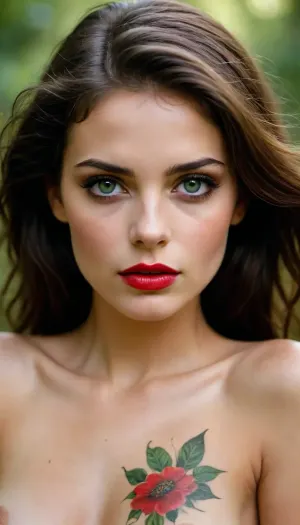 A sensual naked female portrait with light skin and flowing dark hair, her face and body adorned with intricate floral patterns instead of musical notation, creating a complex layered effect. She has intense green eyes, full lips painted with crimson, and a serene expression. The style is contemporary and evocative, a blend of portraiture and abstract expressionism with a surreal touch. The image is reminiscent of the works of Richard Prince, Helmut Newton, and Sally Mann, with a focus on high-fashion photography and naturalistic lighting. Cinematic, epic, atmospheric scenery.