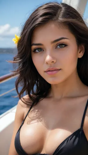 Candid photo, stunning cute 21 year old college girl, lying sunning sunbathing on a yacht in Hawaii, (entire body), flirty eyes, realistic detailed face, flower in her raven hair, (shiny oiled skin:.6), realistic detailed eyes, realistic detailed skin, creative fun view