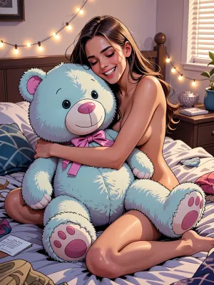 Medium shot of a young beautiful woman with expression of cozy happiness, sitting on a messy bed, hugging a huge fluffy pastel-colored plush bear toy. Modern graphic novel illustration style, crisp clean ink lineart, vibrant cel shading, highly detailed room background with fairylights. Warm soft lighting, cinematic composition, masterful coloring, pop art aesthetic, trending on ArtStation, 8k resolution, flawless anatomy, high-quality vector art, exquisite comic book page artwork.
Используйте код с осторожностью.