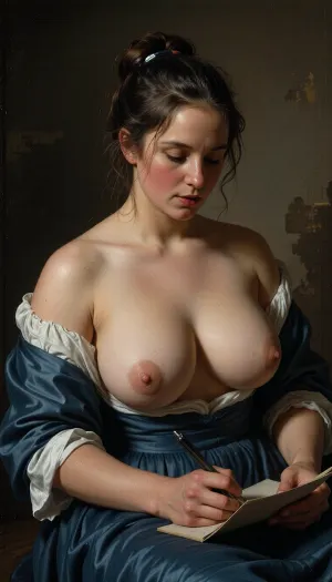 Woman writing a letter in the style of rembrandt, one big natural breast is bulging out her dress, erect nipples, she is thinking of her lover
