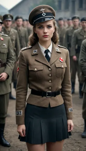 ((angry Nazi spy girl in cap and dirty Nazi military uniform at ww2 barracks with soldiers, dressed in uniform, skirt pulled up, jacket covering chest)), ww2 style, dark, moody, dark fantasy style, 8k, professional photograph, high quality, HDR, RAW color, hairy pube, sharp focus