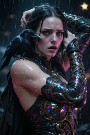 woman, Witch, d&d character, dark fantasy, scared eyes, raven! on the arm, psychotic, intricate details, iridescent, vivid colours, trending on artstation, Jean Baptiste Monge, Michael Garmash Hyperrealistic photo perfect figure, Hyper detailed by Magali Villeneuve, Clint Cearley and Ekaterina Burmak, high definition textures, meticulous details, maximalist, high quality reflections Hyperdetailed Painting By Ismail_Inceoglu Tom Bagshaw Dan Witz CGSociety ZBrush Central Fantasy Art 4K, sidelight, frontlight, blurry background star wars, cinematic_lighting, blush, arms_behind_head, nsfw, sweat, wet, rain, neiyi1, damimi, mystery of the dark space, dynamic, dramatic