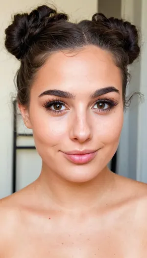Ultra-realistic full body portrait of a young woman in her early 20s, identical facial features to the reference, soft oval face shape with gentle rounded cheeks, smooth light olive skin with natural even tone and subtle texture, a few very faint freckles across the nose and upper cheeks. Dark brown almost black thick eyebrows, naturally arched and well-defined, slightly fuller toward the outer edges. Large expressive dark brown eyes with soft almond shape, long dark eyelashes, gentle upper eyelid crease, looking slightly upward and to the side with a calm, contemplative expression in one version or a bright genuine smile showing straight white teeth in another. Straight medium-width nose with soft rounded tip and subtle natural bridge. Full soft lips with natural pinkish tone, upper lip slightly thinner than the lower, defined cupid’s bow. Soft defined jawline that gently curves into a rounded chin. High smooth forehead. Dark almost black hair, naturally thick and voluminous, with tight natural curls and waves when loose, or pulled back into a neat low bun/updo revealing the hairline and ears when styled up. Soft natural lighting that gently highlights the cheekbones and forehead, shallow depth of field, photorealistic skin pores and micro-details, extremely detailed facial anatomy, 8k resolution, sharp