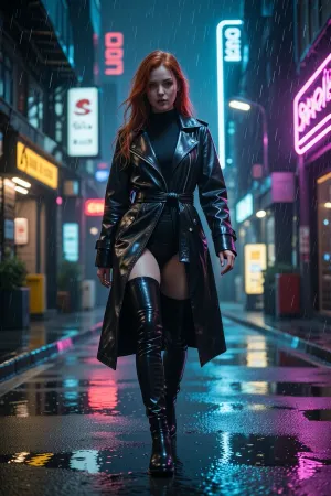 A red-haired woman in a leather coat walks through neon-lit Tokyo in the rain, cyberpunk style, cinematic lighting, third-person view, 8k, hyperdetailed, full body