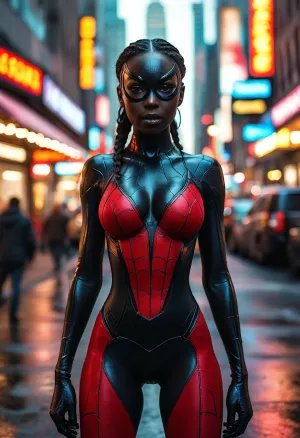 8k, best quality, (masterpiece), (intricate details), ((rear view)), super sexy 25 year old Black woman dressed as a female Spider-Man, ((black skin:1.5)), long braided black hair, authentic red, blue, and black costume, (small black eye mask), brown eyes, perfect face, perfect lighting, high detail, octane render, detailed eyes, sexy, mysterious, (full-body shot from a distance), standing in the center of a busy New York City street, ((large breasts:1.2)), deep cleavage, curvy thighs, curvy round hips, wide thigh gap, tight round ass, <lora:MJ52:1.6>, Rainbowiridal, Spiral, rainbowiridal, eyes, palette, Shiny..., Bright..., Intense, gaze, Fire, dragon, Amber, cat, Anthro..., woman, Genetically, modified..., <lora:Stunning_eyes_2:.8>