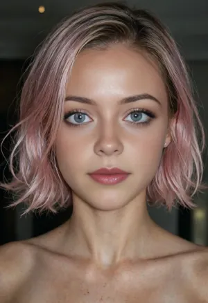 Skinny, (((Makeup))), 1Girl, body portrait showing head to waist, Perfect Skin, Extremely Beautiful, Cute Face, Highly Detailed Skin, visible Pores, small breasts, (Long Voluminous Eyelashes), Lipstick, Big Eyes, Perfect Eyes, short hair, neon pink Hair, Highly Detailed, Ultra-Realistic, Photorealism, Perfect Lighting, Cinematic Lighting