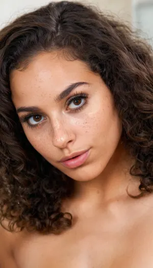 masterpiece, best quality, ultra realistic, RAW photo, close-up portrait, young woman early 20s, soft oval face, light olive skin with faint freckles, dark thick arched eyebrows, large dark brown almond eyes, long lashes, straight nose with rounded tip, full soft lips, rounded chin, dark curly voluminous hair, highly detailed face, natural skin texture, sharp focus