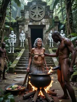 Preserve this woman's face, hair, and character perfectly! Her face expresses a mixture of pain and pleasure.

Location, Courtyard of an African village., (A 70-year-old woman:1.8), . Her skin is that of a 70-year-old woman. The old woman has gray hair, (small, long, very saggy breasts:1.8), ((highly detailed skin)), . Hair cut in a bob, (small breasts:1.3), . The woman is tied to a wooden structure, standing upright, her breasts bound. The woman is suffering, it is clear that she is being tortured by native cannibals. A naked, imposing Black man, (with an enormous black penis), lights a fire beneath the woman. Nearby, food simmers in a large cauldron, with a large fire burning underneath. The men of the native tribe in the background await their turn to fuck the woman.
A cinematic wide shot of an ancient, weathered stone temple nestled deep within a lush, dense jungle. In the center of the temple's facade, a large circular symbol representing the Rebel Alliance is carved into the stonework above a dark, shadowed entrance. A series of wide stone steps leads up to the doorway. Flanking the entrance and the pathway are several realistic, life-sized stone statues of clone troopers standing guard in formation on square pedestals. The environment is rich with foliage, thick tree trunks, and climbing vines, creating a sense of hidden history. The scene is illuminated by soft, dappled natural light filtering through the dense forest canopy, with moss and weathering details on the stonework, an epic atmosphere, hyper-realistic, detailed texture, 8k resolution.