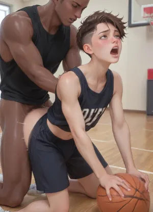 ((anime style)), (Thick outline:1.4), ((Cartoon Style:1)), ((Hentai)), (seen from the side), gay, interracial, indoor basketball court, slim twink in working clothes, slender, petite, shaved pixie cut, freckles, twink slut getting fucked by a massive black man. Anal sex, getting fucked from behind, doggystyle, a big black man, large penis, (body shaking orgasm, screaming orgasm), score_9, score_8_up, score_7_up, score_6_up, style anime, inspired illustration, oda, non, front view, <lora:outline_xl_kohaku_delta_spv5x:1.9>, <lora:cartoon_stickers_xl_v1:.5>, <lora:AshMilkshake_Illustrious_v1:1.1>, <lora:NEOTOKIOXL_0.2_RC:.5>, <lora:Ppolar-P3v1-NbVp10:.8>