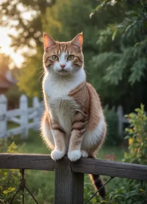 early morning, russan village, cat on the fence, trees, bushes