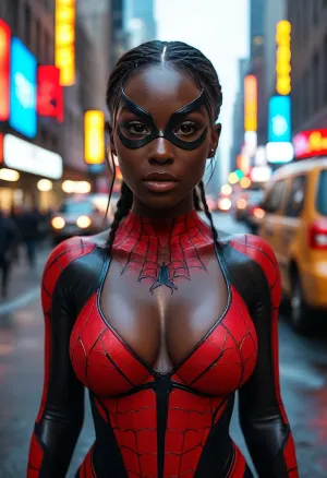 8k, best quality, (masterpiece), (intricate details), ((rear view)), super sexy 25 year old Black woman dressed as a female Spider-Man, ((black skin:1.5)), long braided black hair, authentic red, blue, and black costume, (small black eye mask), brown eyes, perfect face, perfect lighting, high detail, octane render, detailed eyes, sexy, mysterious, (full-body shot from a distance), standing in the center of a busy New York City street, ((large breasts:1.2)), deep cleavage, curvy thighs, curvy round hips, wide thigh gap, tight round ass, <lora:MJ52:1.6>, Rainbowiridal, Spiral, rainbowiridal, eyes, palette, Shiny..., Bright..., Intense, gaze, Fire, dragon, Amber, cat, Anthro..., woman, Genetically, modified..., <lora:Stunning_eyes_2:.8>