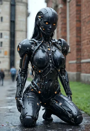 half body view, one giant cyborg-Queen kneeling centered within an areal scenery, Insanely detailed, she is a gigantic-queen and wears the very small castle neuschwanstein-castle on her head, (she wears Neuschwanstein-castle as hair ornament), detailed texture, giant, close up, very busty and gigantic robotic female is wearing small neuschwanstein-castle on her head, clothing, (giantess:.5), full body photo, plasma and wires inside her robotic body, her robotic body is tall, mechanical organs, implants in her head, shimmering tubes with plasma from the head, micro-area as background, her bodyshape is much bigger then mountains, photo captured by DSLR camera, ULTRA HD, extreme realism, 8k, mesogts, macrogts, DonM1r0nSk1nXL, skin, theme, hvrn, heavy, rain, <lora:Heavy_Rain_XL-000008:.5>, <lora:- SDXL - hevy_armored_mechvari_V1.5:1>