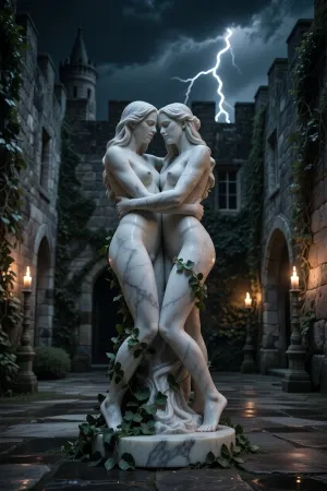 (((marble statuette of two naked lesbian women in loving embrace))), ivy climbing up the statuette, placed in the middle of a medieval castle courtyard, ivy covered rough stone walls, dark night with sparse illumination from a few standing troches, dark cloudy sky with lightning, dark medieval atmosphere, somber lighting, long shadows, photo realistic, realistic torch flame lighting, realistic detailed stone texture, realistic detailed marble texture, anatomically correct statuette, highly detailed statuette, detailed realistic ivy texture, ONLY FEMALE FIGURES, feminine statuette