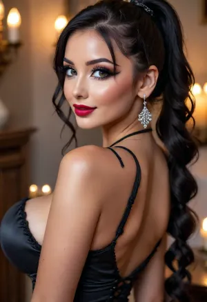 20 year old black haired goth woman side eyeing camera, looking over her shoulder, back to camera, smiling, prominent cupids bow lips, (eyeliner, winged eyeliner, dark eyeshadow), makeup, hair in a high tight braided very long ponytail, long dangling silver earrings, (candlelight), huge breasts, corset, but, huge, massive, <lora:BUT_SDXL_SHS:.8>, <lora:SDXL_MassiveCowsLoRA_v1:1.8>, <lora:attractive_notrigger:.8>