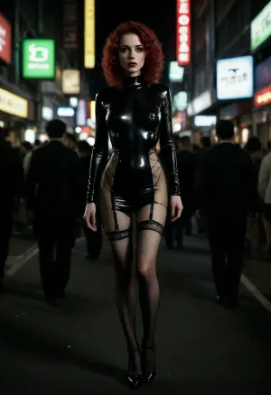 hot milf model, about 40 years old, (French, Caucasian), extremely skinny, pale skin, realistic skinny face, aggressive makeup, red lipstick, curly maroon hair, bright green eyes, (huge firm tits), hard sticking nipples clearly peeking through latex, thin waist, slim hips, small ass, long legs, black high hills, full-body view, (wearing longsleeved black sheer latex minidress black fishnet stockings with garters, black stiletto shoes), walking around crowed streets of Tokyo Akihabara district at night, neon colored lighting, stroboscopic effects, crowds of people, ((highly detailed background, well-defined background)), <lora:detailed_notrigger:1.5>, <lora:add-detail-xl:1.4>, <lora:CinematicStyle_v1:2>, <lora:dark:.2>