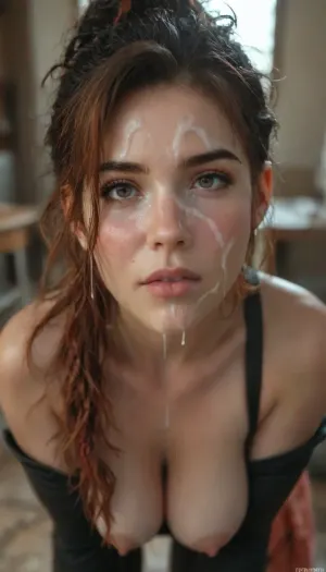 portrait mode, ((athlete hourglass body)), 18 years old, young woman, (tifa Lockhart mix with panam palmer:1.4), slutty reverse bunny suit, off_shoulder, (enormous saggy tits), wet body, (hanging gold jewelry), but, (long hair:1.3), (redhead:1.3), (cum on face:1.8), (tan olive skin:.7), Indian, pov, exposed, breasts, creampie, pussy, cum, in, cumdrip, <lora:EnvyFantasyXL01:.5>, <lora:EnvyStarlightPrettyEyes01:.5>, <lora:BUT_SDXL_SHS:.7>, <lora:add-detail-xl:.6>