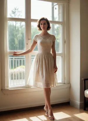4122305, full body view. Private photo in 1958. 1 housewife stands next to a big window, she is 35 years old and wears lightly seethrough summerdress, short dark blonde hair, (she spreads her legs apart, the sunlight pass through her dress:1.1), summershoes