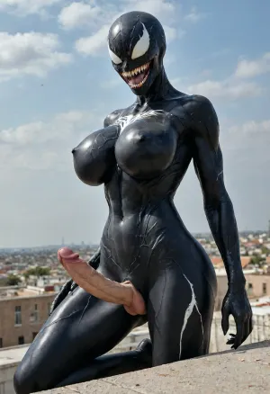 Hyperrealistic art, venom is a purple character with a large mouth, venom symbiote, 8 k cg render, venom, symbiote, 8k render, hyperreal highly detailed 8 k, 8 k high detail concept art, huge big breasts, hyper real render, 3 d render character art 8 k, 8k octane render, 8 k octane render, high detail 8 k render . Extremely high-resolution details, photographic, realism pushed to extreme, fine texture, incredibly lifelike, GiganticBreatsXL, gigantic breasts, Rooftop, erect-futa, erect-penis, woman, testicles, erection, <lora:She-Venom-FFusion.LORA:1>, <lora:GiganticBreastsXLv1:1>, <lora:SDXLlora13ErFut:1.1>