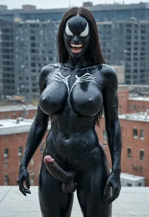 Hyperrealistic art, venom is a purple character with a large mouth, venom symbiote, 8 k cg render, venom, symbiote, 8k render, hyperreal highly detailed 8 k, 8 k high detail concept art, huge big breasts, hyper real render, 3 d render character art 8 k, 8k octane render, 8 k octane render, high detail 8 k render . Extremely high-resolution details, photographic, realism pushed to extreme, fine texture, incredibly lifelike, GiganticBreatsXL, gigantic breasts, Rooftop, erect-futa, erect-penis, woman, testicles, erection, <lora:She-Venom-FFusion.LORA:1.3>, <lora:GiganticBreastsXLv1:1.4>, <lora:SDXLlora13ErFut:1.5>