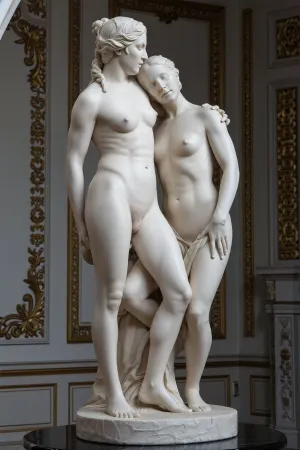 marble statuette of two naked lesbian women in intricate pose