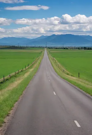 straight narrow old asphalt road stretches away into the distance, along the road are bright green fields and poles with wires on the right, a bright blue sky with white clouds, low mountains on the horizon far away, (saturated bright colors, high definition image, high contrast colors)